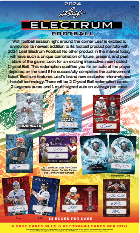 2 Box 2024 Leaf ELECTRUM Football Hobby + 2 Solo Packs - 10 spot RANDOM hit- 1 guaranteed auto per spot!